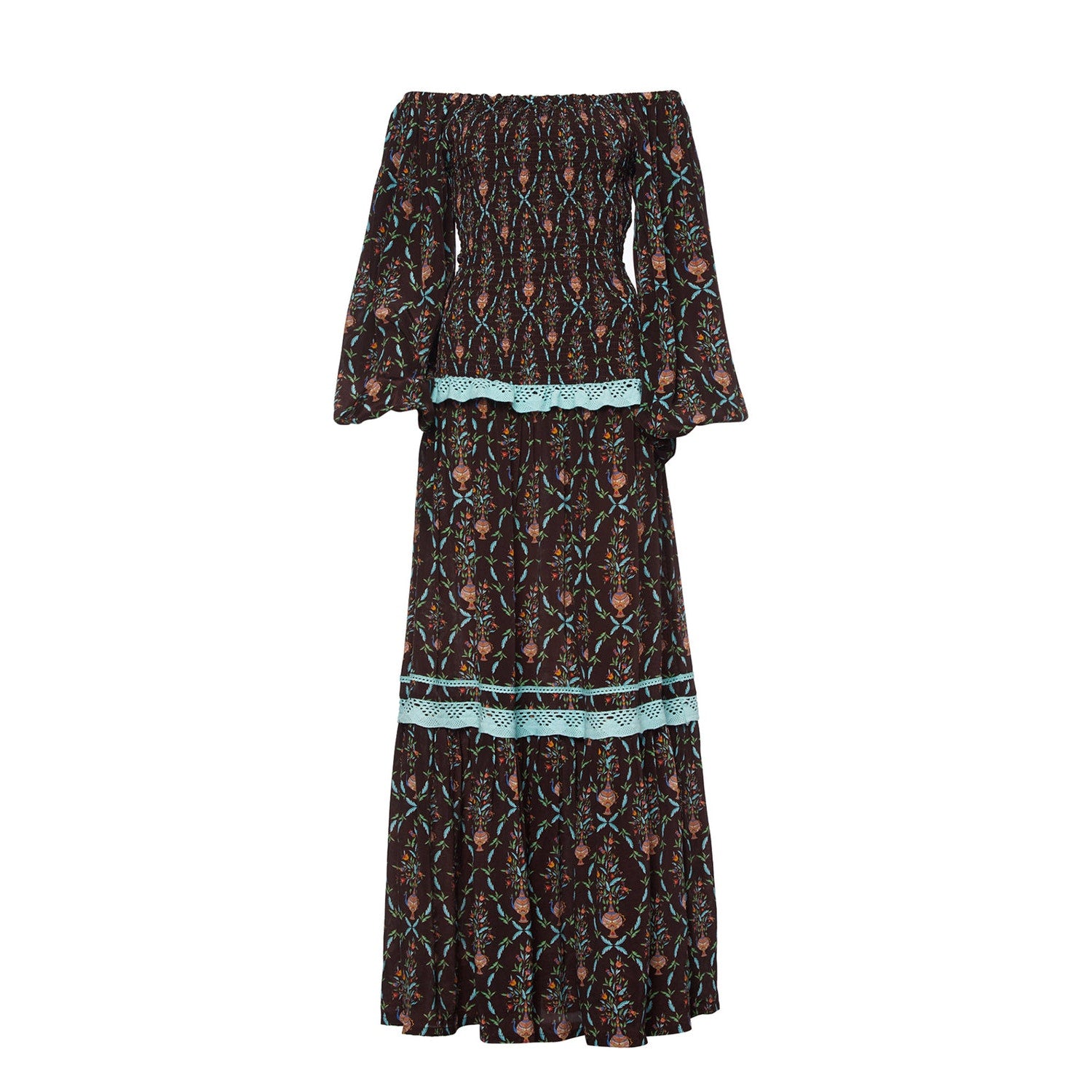 New Verandah Smocked Tiered Maxi Dress SQUARE-NECK  $595 SMALL (4) Brown Motif