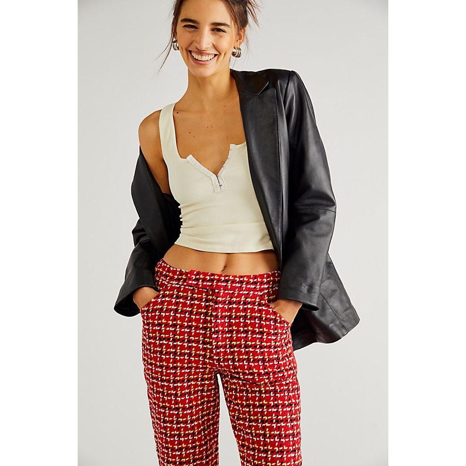 New Free People Anna Sui Neo Plaid Houndstooth Mid-Rise Pants $504 SIZE 2 Red