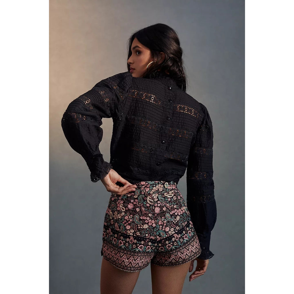 New Anthropologie Batik Helena Floral Shorts $161 SMALL 38 Black