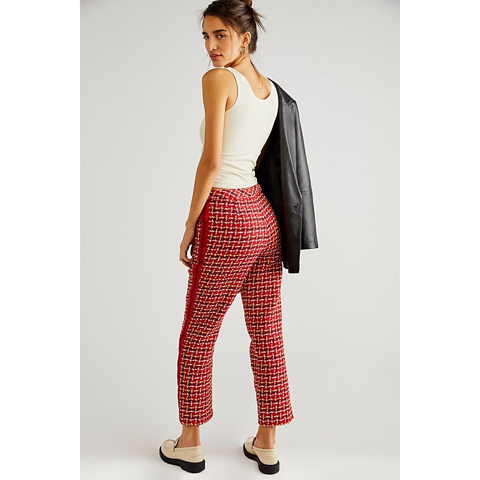 New Free People Anna Sui Neo Plaid Houndstooth Mid-Rise Pants $504 SIZE 2 Red