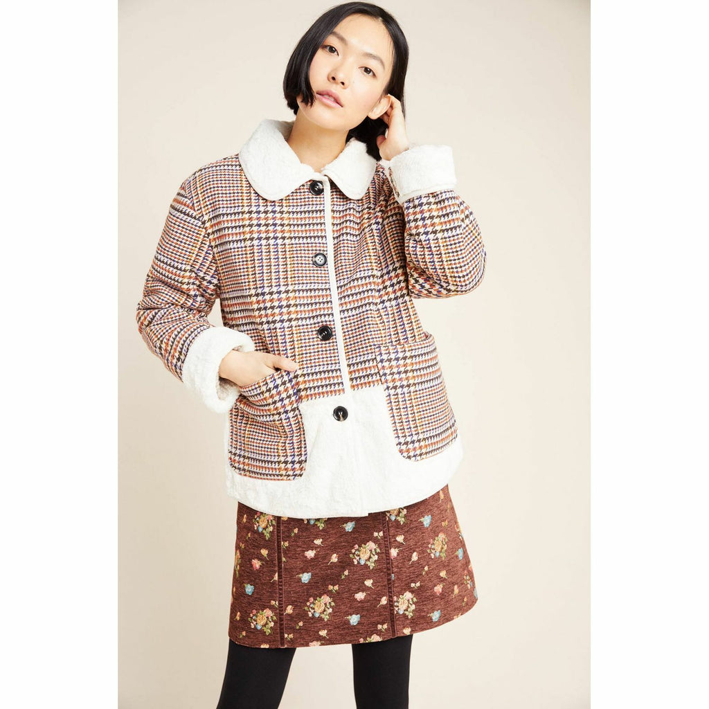 New Anthropologie Plaid Faux Fur Jacket by NuRode $240 X-SMALL Houndstooth