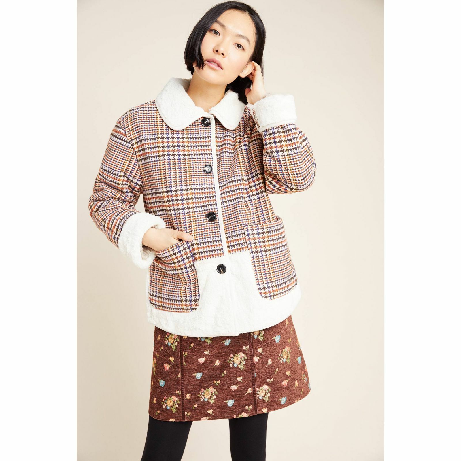 New Anthropologie Plaid Faux Fur Jacket by NuRode $240 X-SMALL Houndstooth