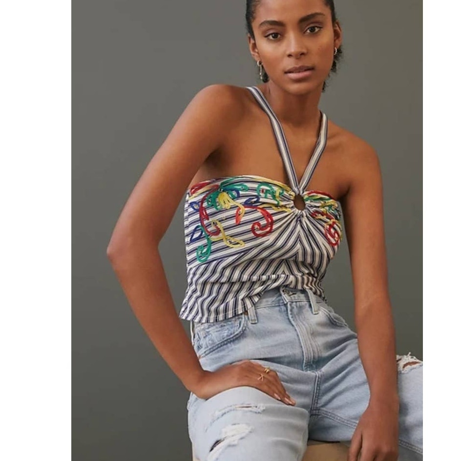 New Anthropologie Avril Emroidered Striped Halter Top $110  MEDIUM  Blue