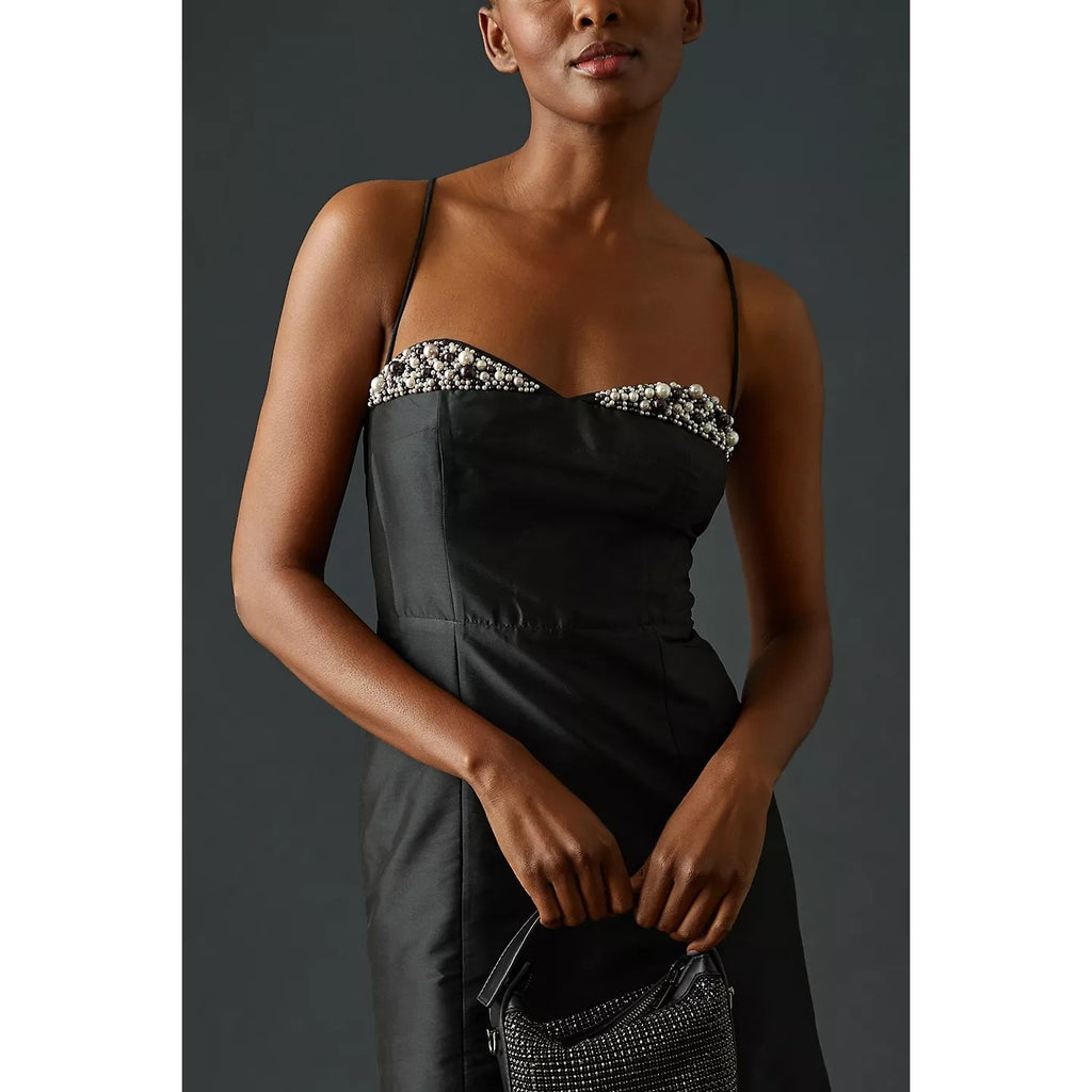 New Anthropologie Maeve Embellished Sweetheart Mini Dress $170 SIZE 10 Black