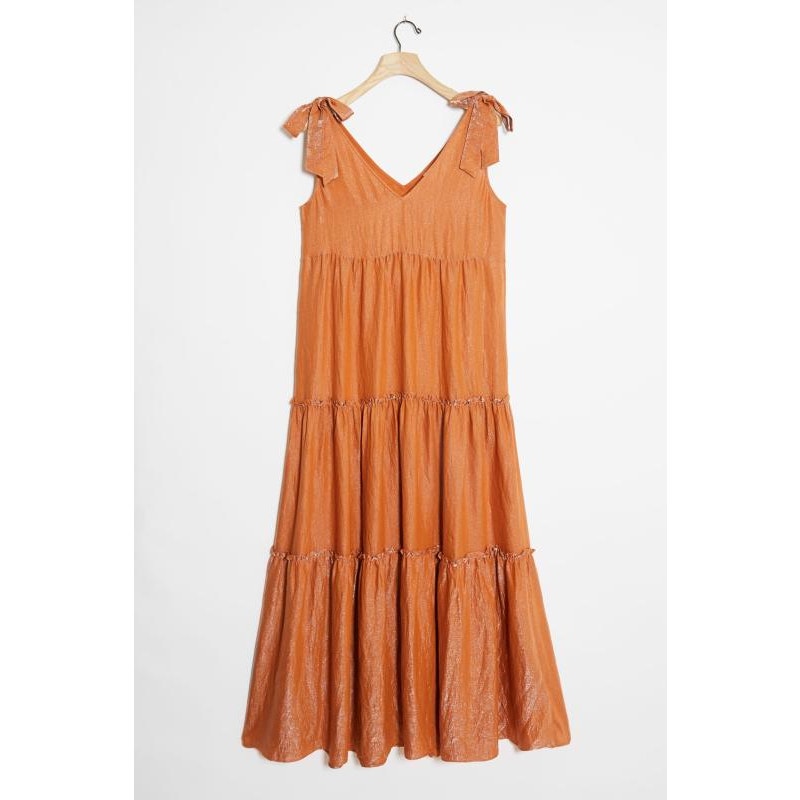 New Anthropologie Maeve Soraya Shimmer Tiered Maxi Dress $158 SMALL Orange