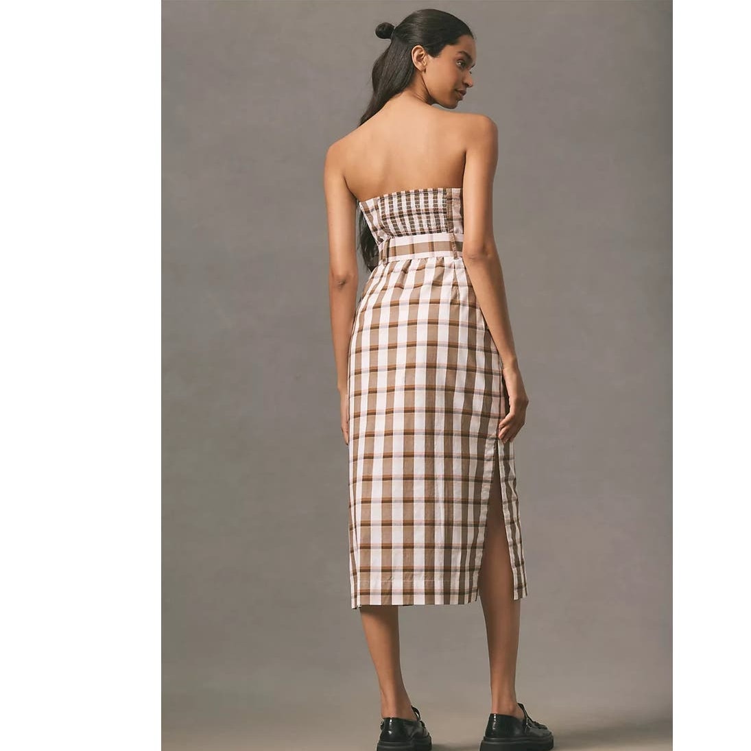 New Anthropologie Maeve Belted Square-Neck Plaid Midi Dress $170 LARGE Brown