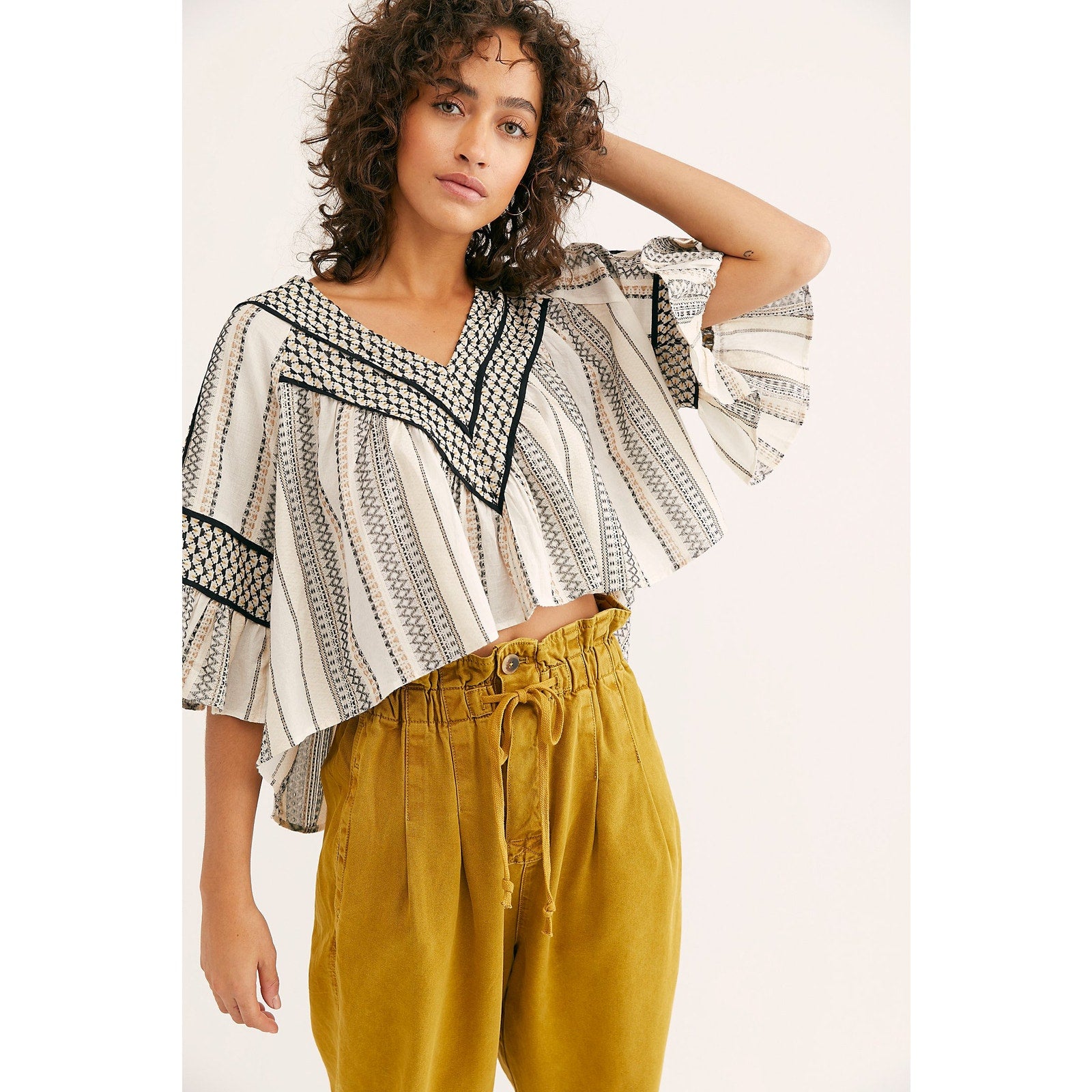 New Free People Runnin On A Dream Striped Embroidered Crop Top $128 SMALL V-neck