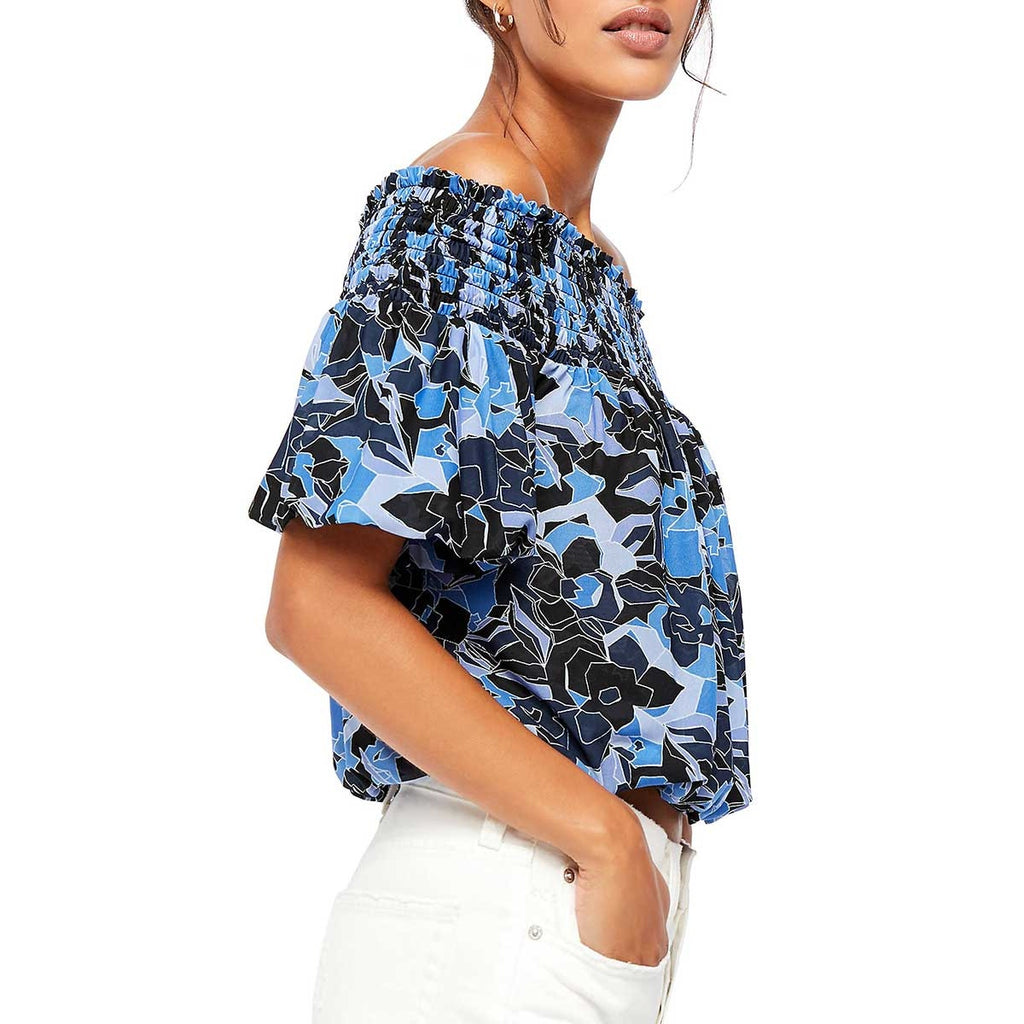 Free People Boho Abstract Bubble Top SMALL Blue Smocked Off The Shoulder Free People