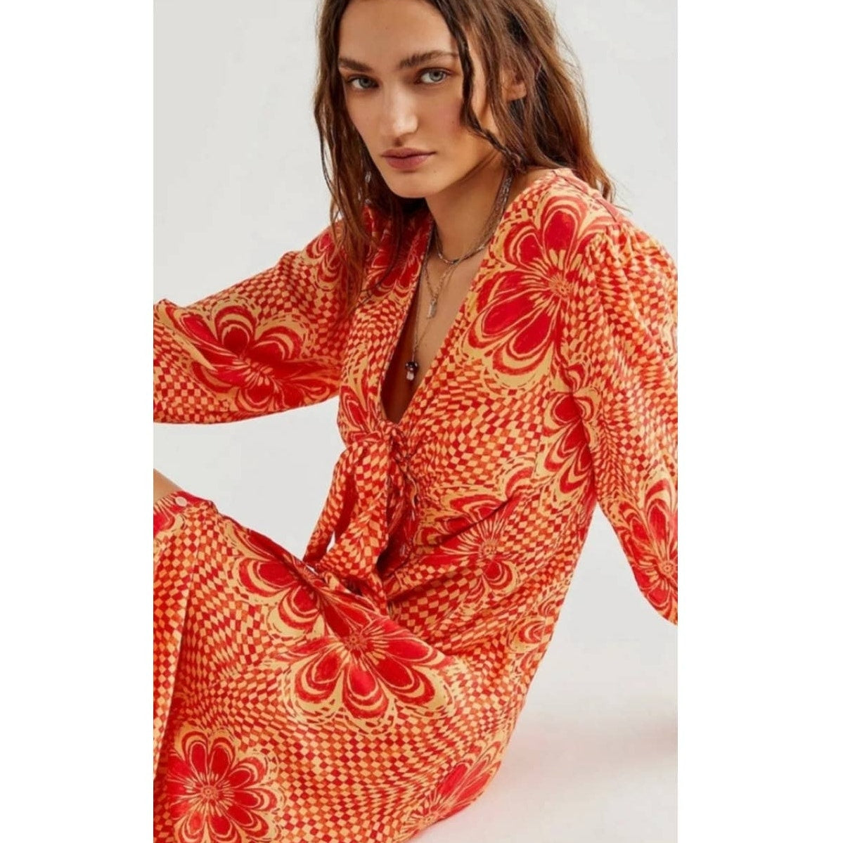 New Free People Nappa Midi Dress $168 SMALL Sunshine Floral Coral Long Sleeve