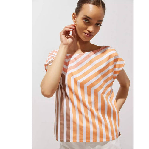 Orange-and-white geo striped blouse, flutter sleeves, round neckline
