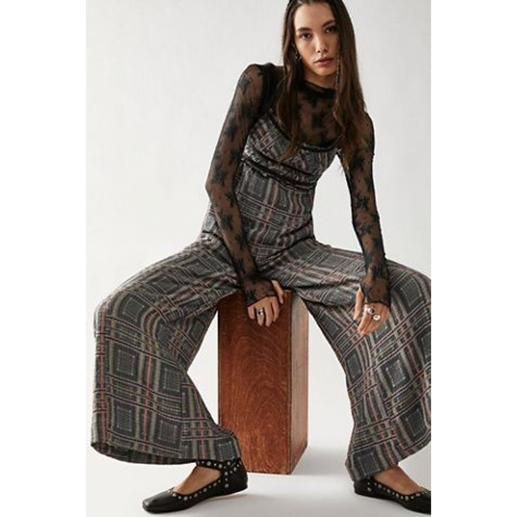 Free People Marley Plaid One-Piece Wide Leg Jumpsuit