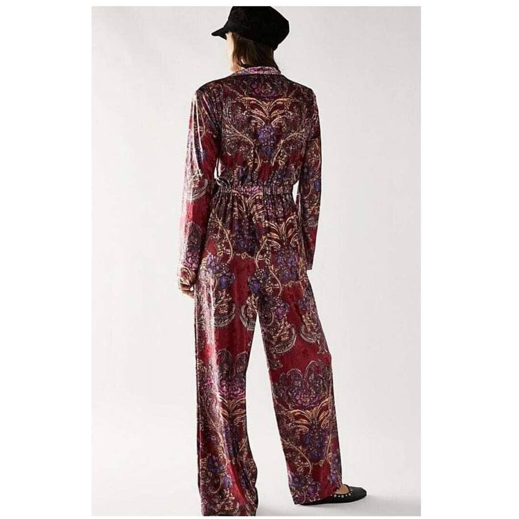 New Free People Delphine Velvet Paisley Floral Jumpsuit $178 MEDIUM Wine