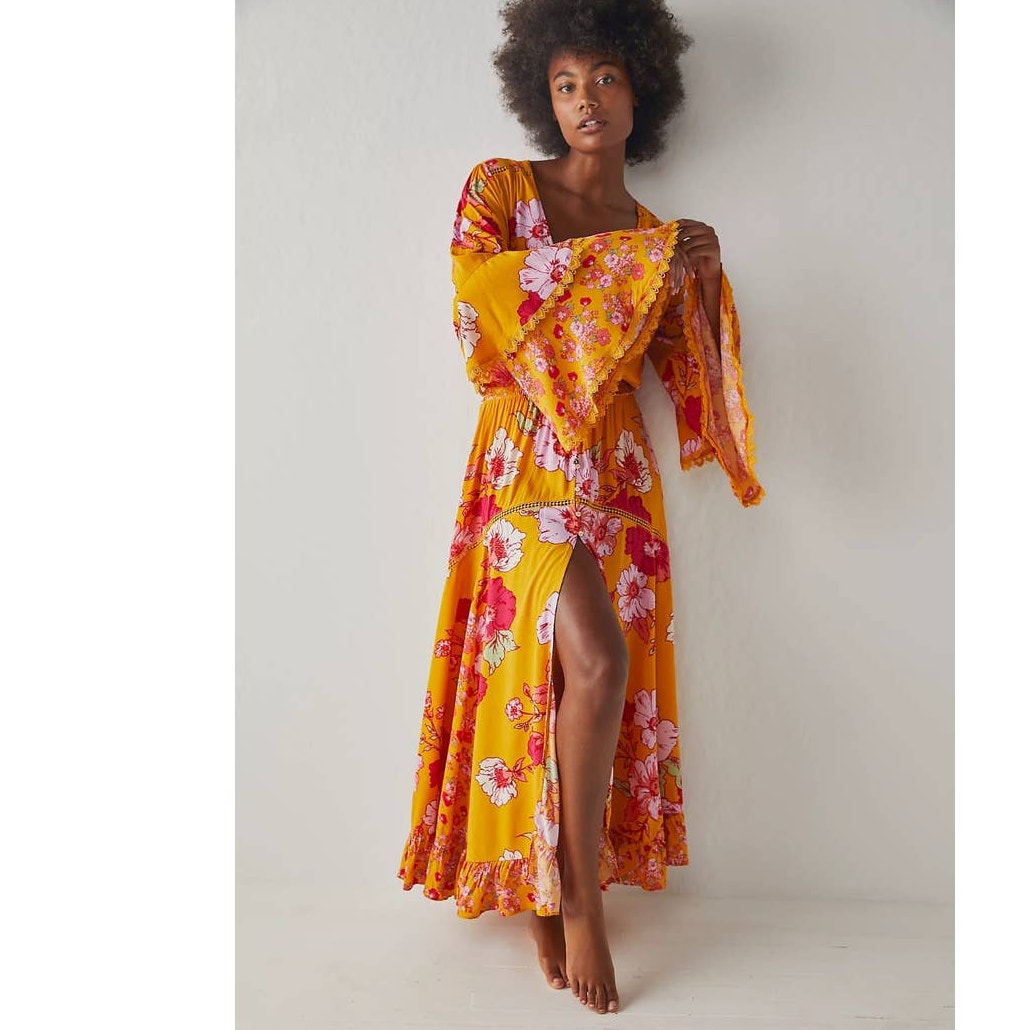 New Free People INTIMATELY Penny Printed Maxi Bodysuit $228 SMALL Gold Combo