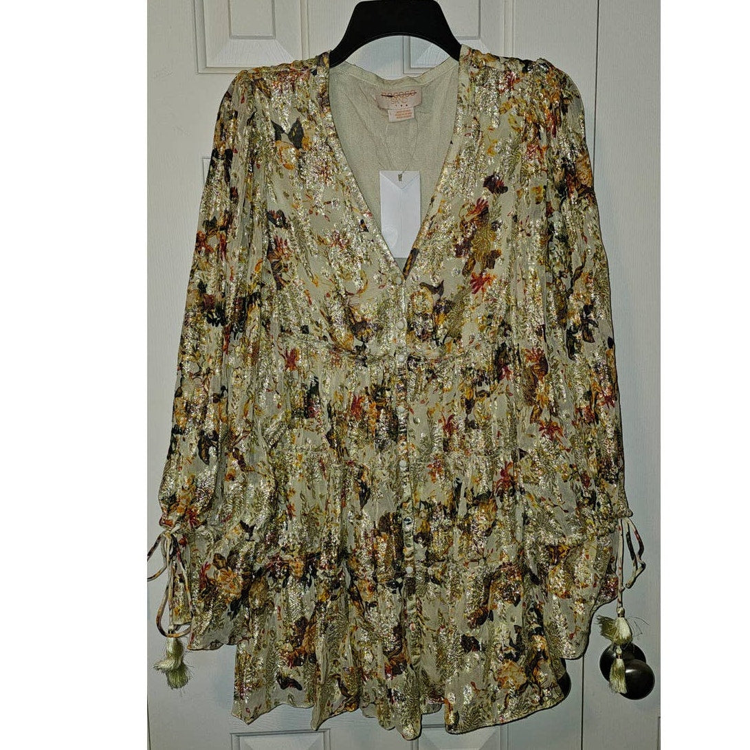 New Free People Rococco Sands Cara Mini Dress $383 SMALL Ivory Tiered Metallic