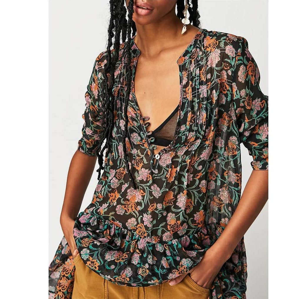 Free People See It Through Maxi Dress X-SMALL Black Floral Boho Free People
