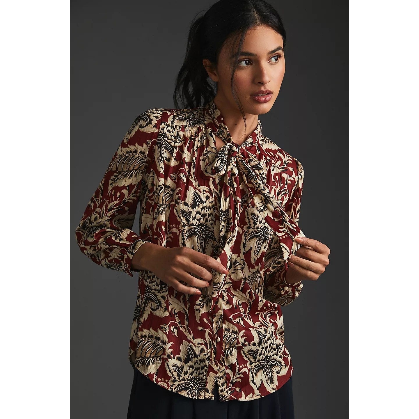 New By Anthropologie Tie-Neck Long Sleeve Floral Blouse $128 X-SMALL Brown