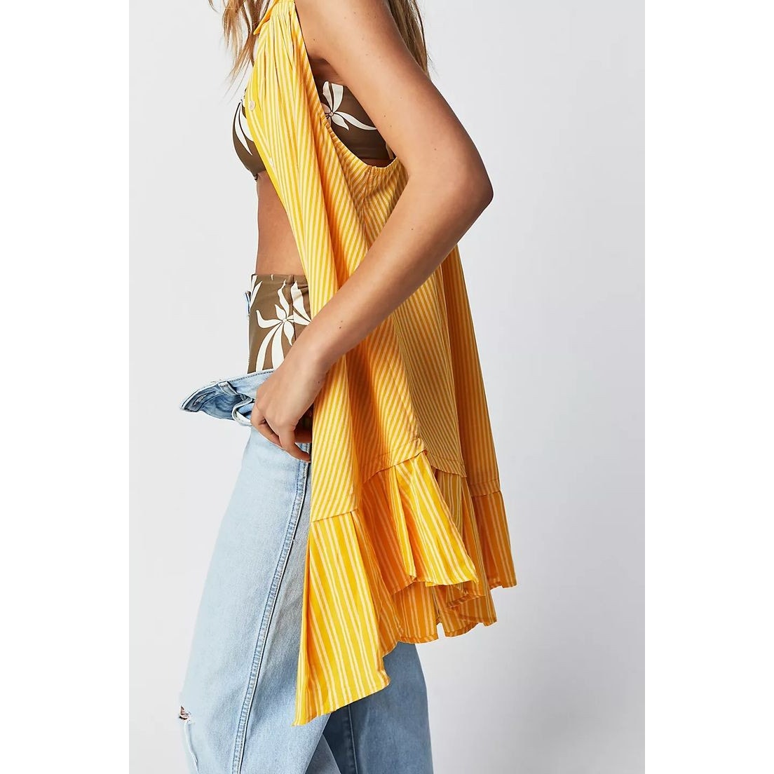 New Free People Be Real Button Front Tunic Mini Dress $128 SMALL Yellow Boho