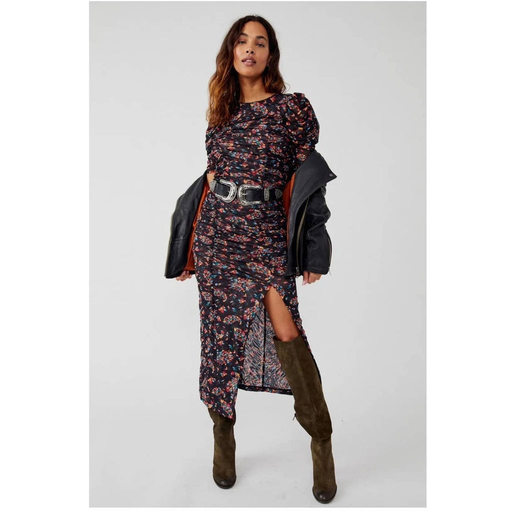 New Free People Briella Abstract Floral Midi Dress  $168 SMALL Twilight