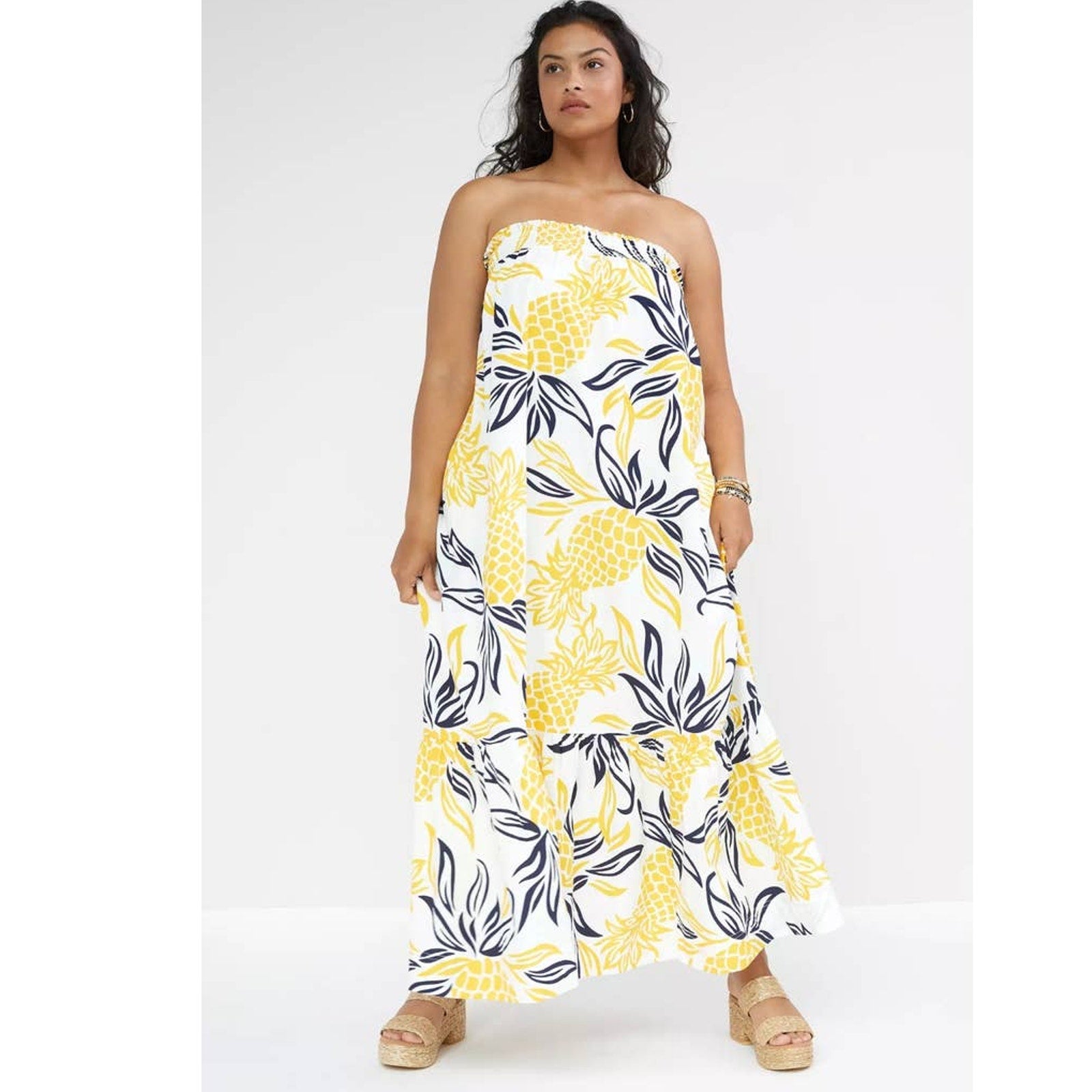 New Anthropologie Floral Flounced Maxi Dress $188 Yellow Pineapple Small