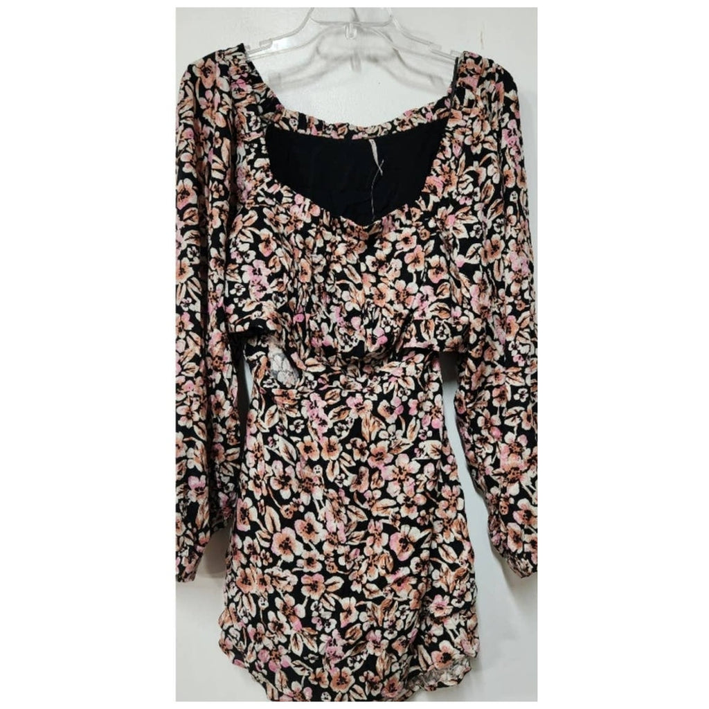 New Free People Jael  Boho Floral Printed Mini Dress $128 MEDIUM Black