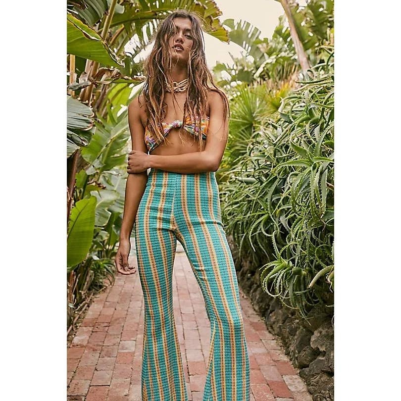 New Free People Fine Line High Rise Slim Flare Pants $78 Small Green Stretchy