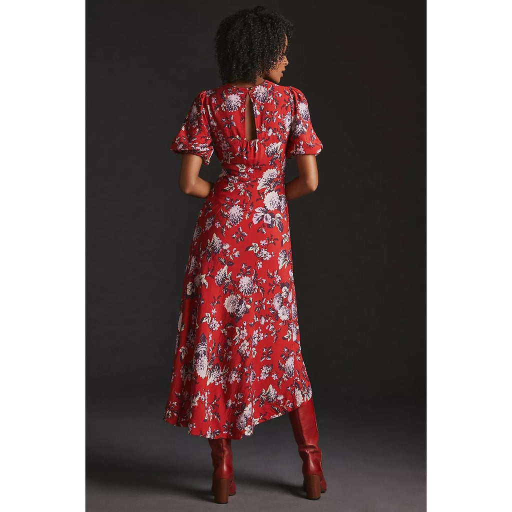 New Anthropologie Maeve Puff-Sleeve Floral Midi Dress $160 SIZE 6 Red