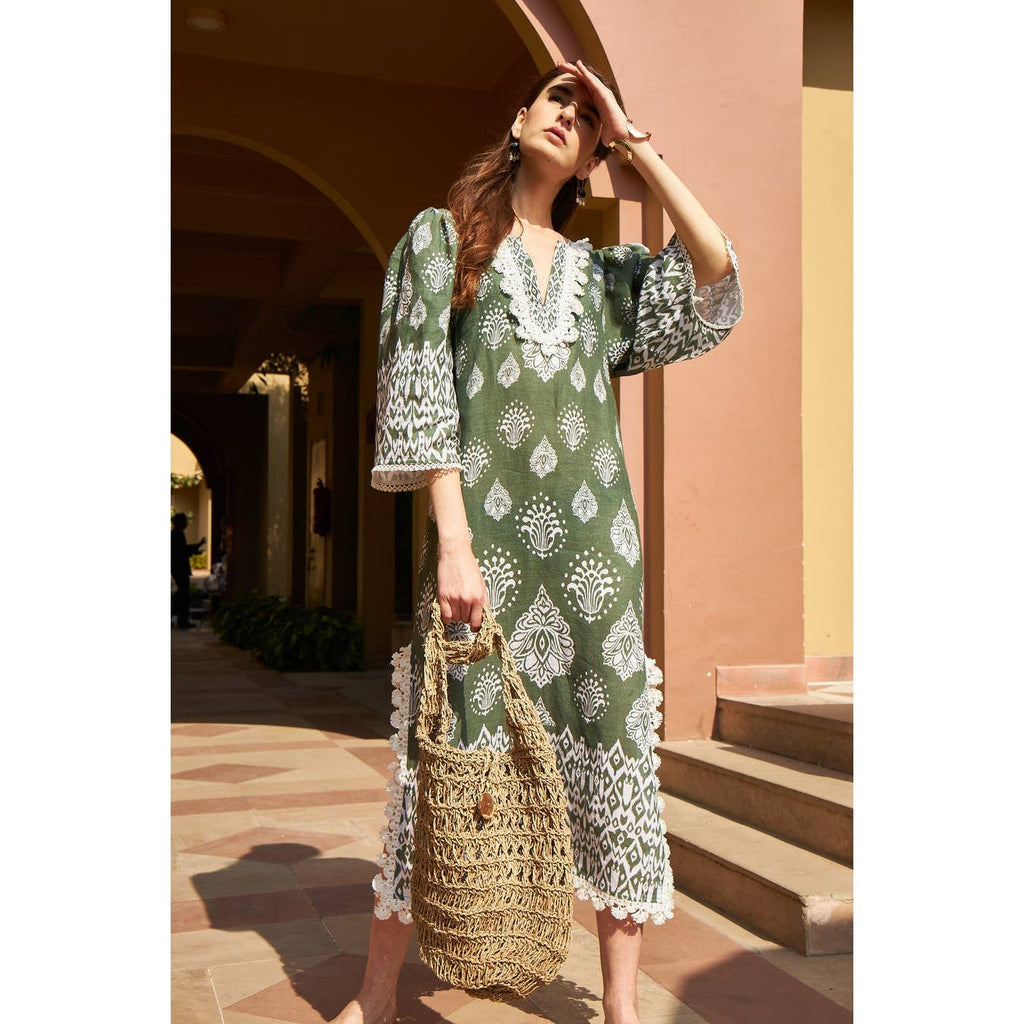 New Anthropologie Somi Javi Tunic Dress $395 SMALL Green Midi Boho