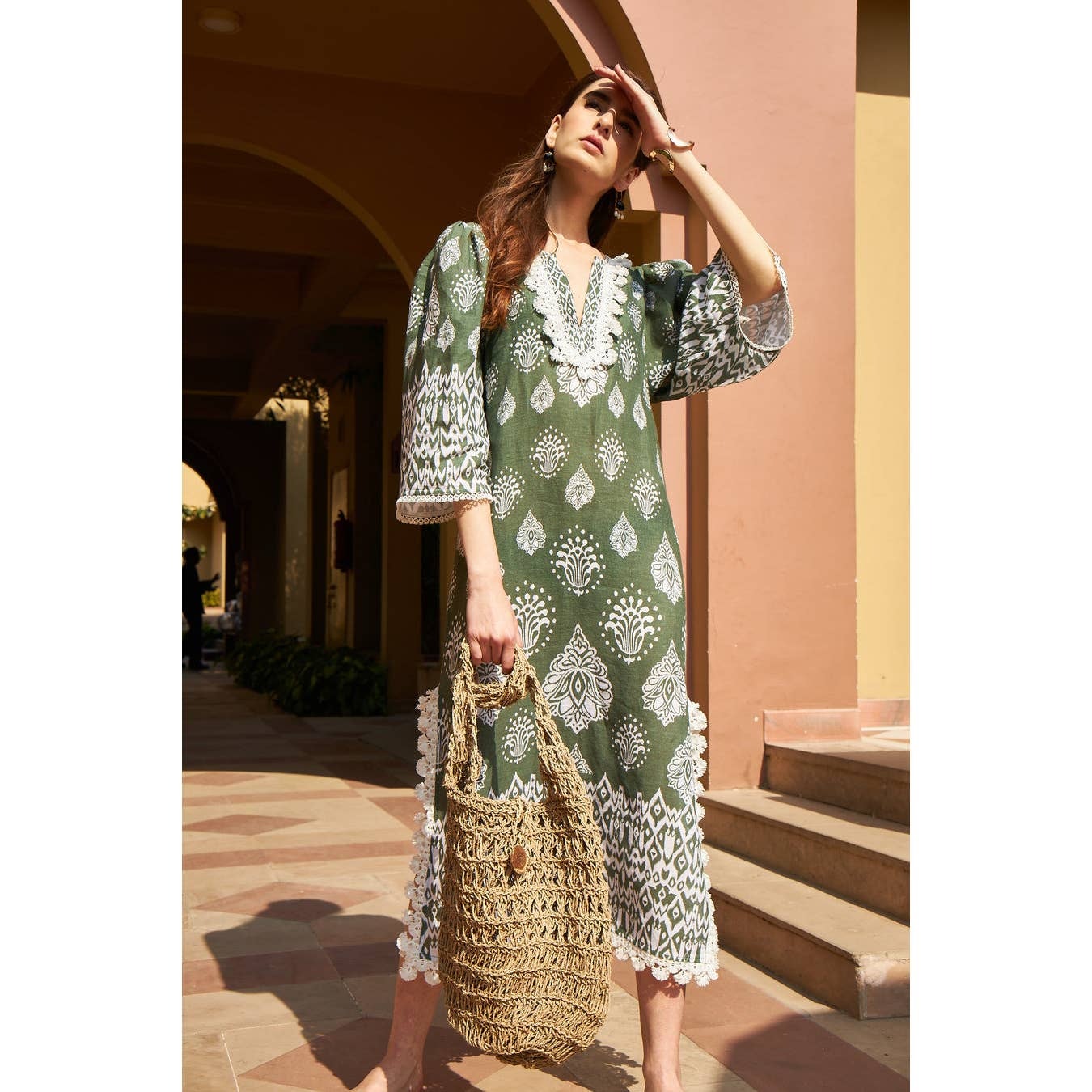 New Anthropologie Somi Javi Tunic Dress $395 SMALL Green Midi Boho