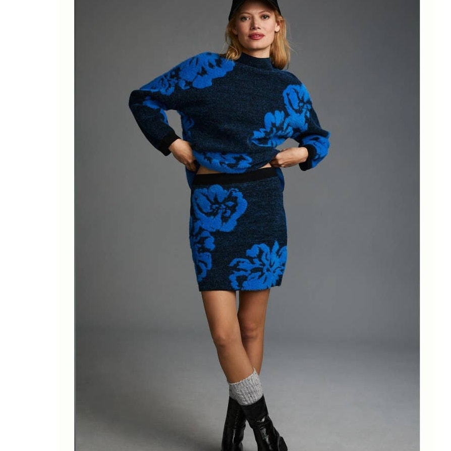 New By Anthropologie Sweater Skirt Only $180 SMALL Blue Floral Motif