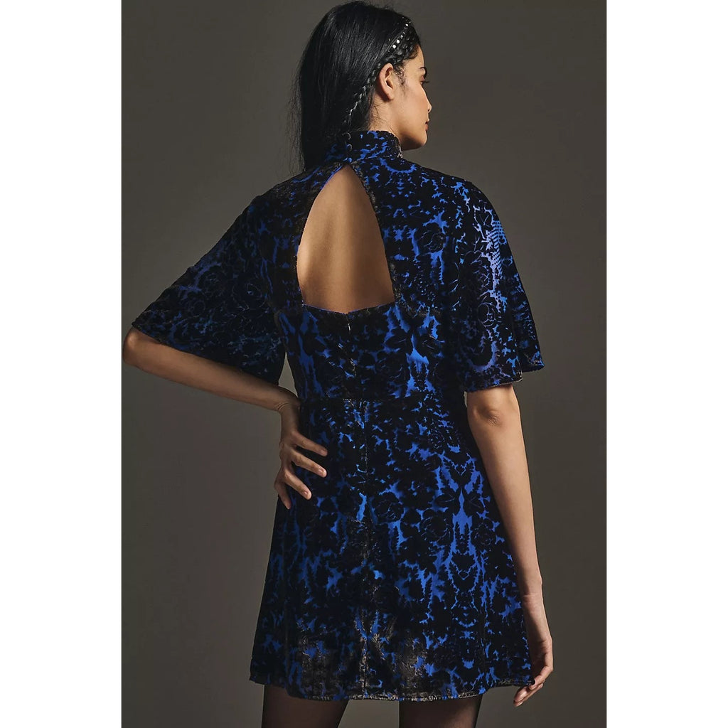 New Anthropologie Mock-Neck Velvet Mini Dress $180 SIZE 6P Petite Blue/Black