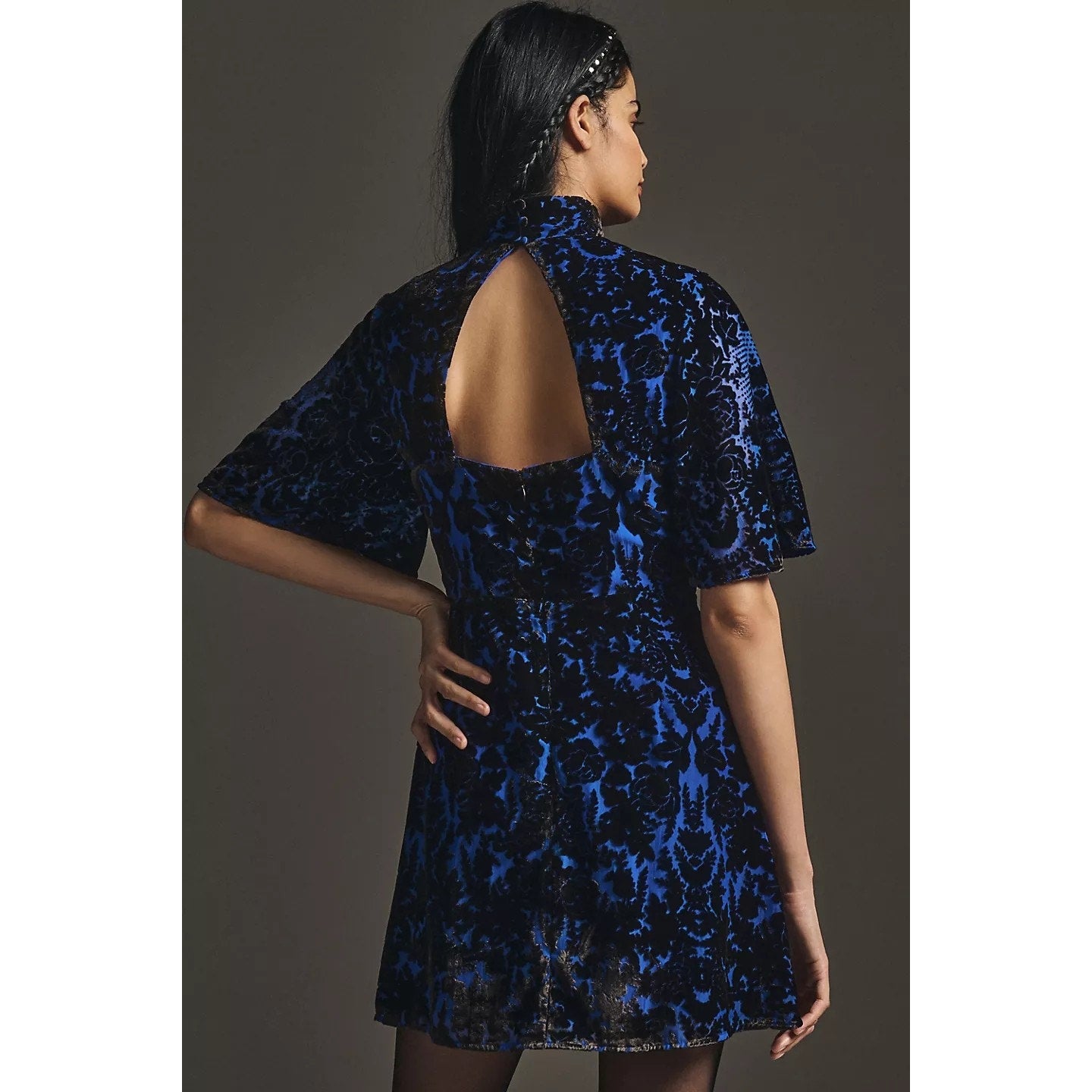 New Anthropologie Mock-Neck Velvet Mini Dress $180 SIZE 6P Petite Blue/Black