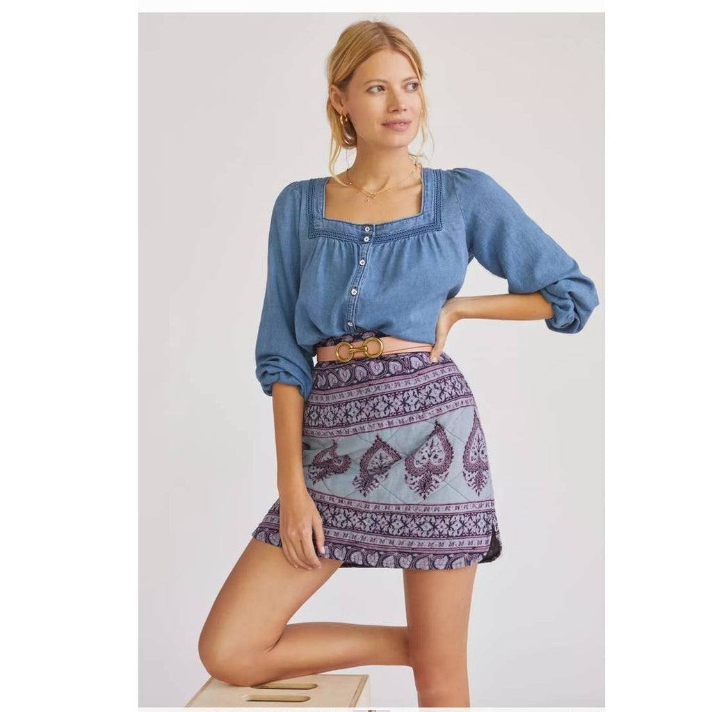New Free People Maddy Quilted Mini Skirt by ANTIK BATIK $184 SMALL Blue