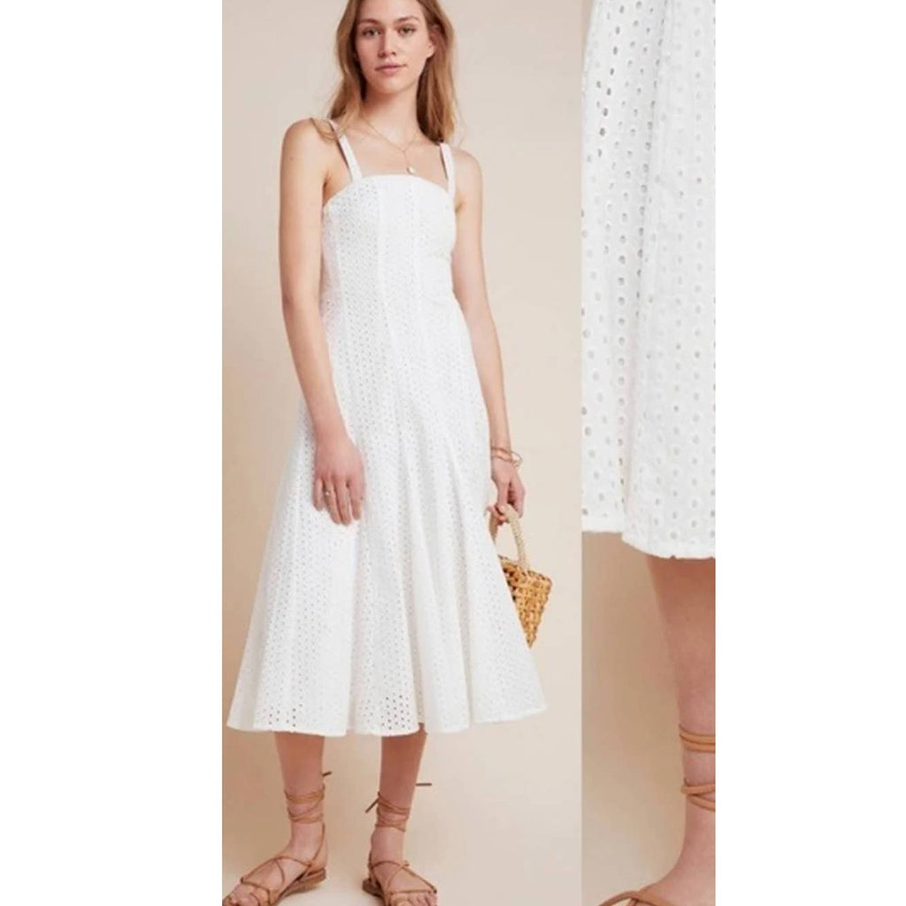 New Anthropologie Maeve Lelia Eyelet Midi Dress $188 SIZE 0 White