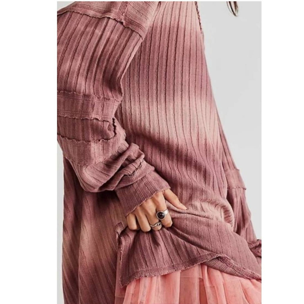 New Free People WTF Sunset Ribbed Tie Dye Long Sleeve Top $128 X-SMALL Chocolate