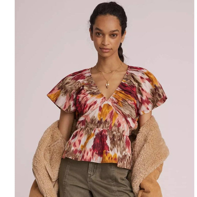 New Anthropologie Painterly Open-Back Blouse Love The Label $130 XS Burgundy
