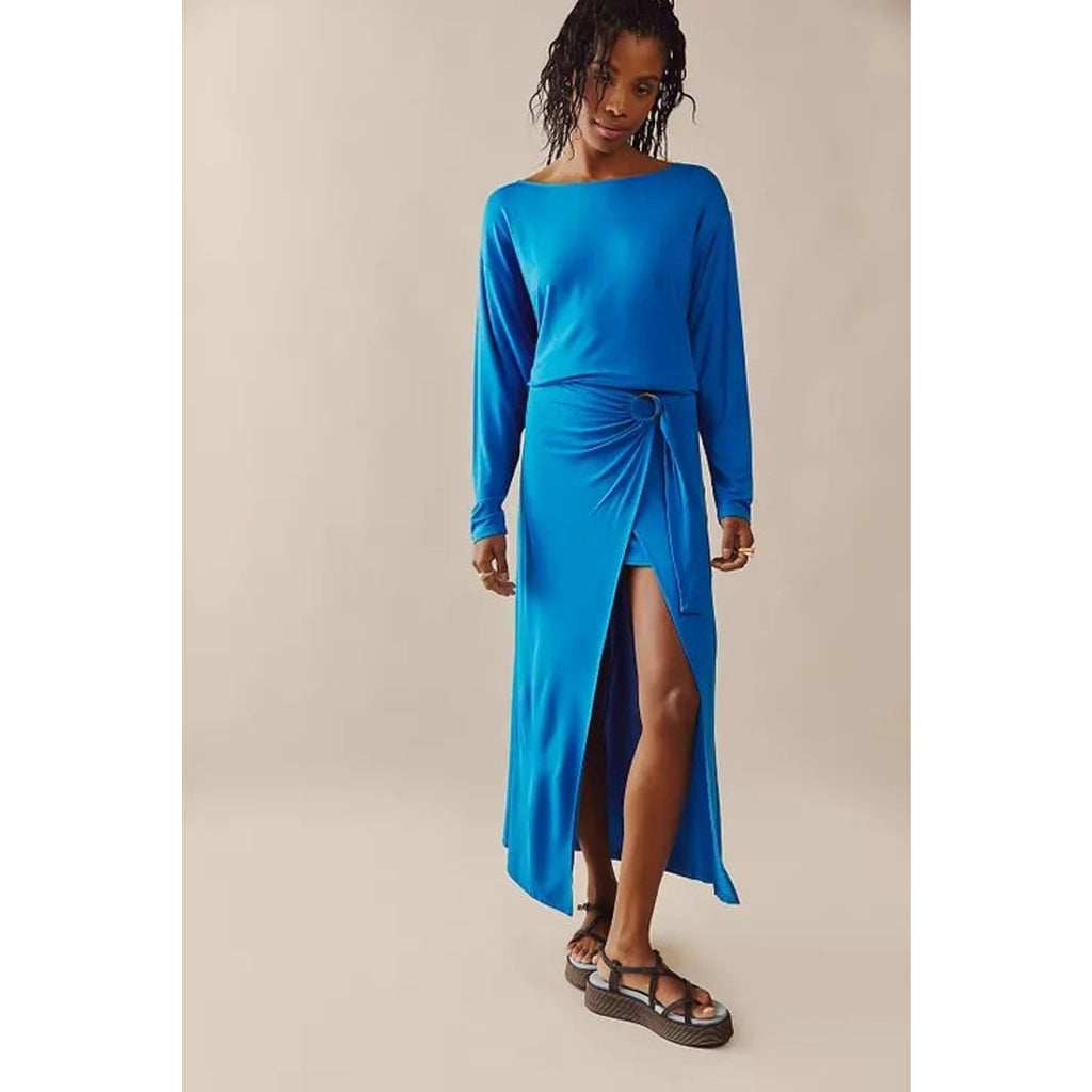 New Free People Alyssa Long Sleeve Wrap Dress Maxi X-SMALL $128 Blue