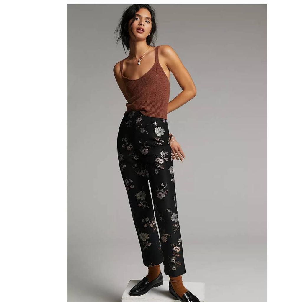 New Anthropologie ML Monique Lhuillier Jacquard Trousers $395 Sz 4 Black Floral