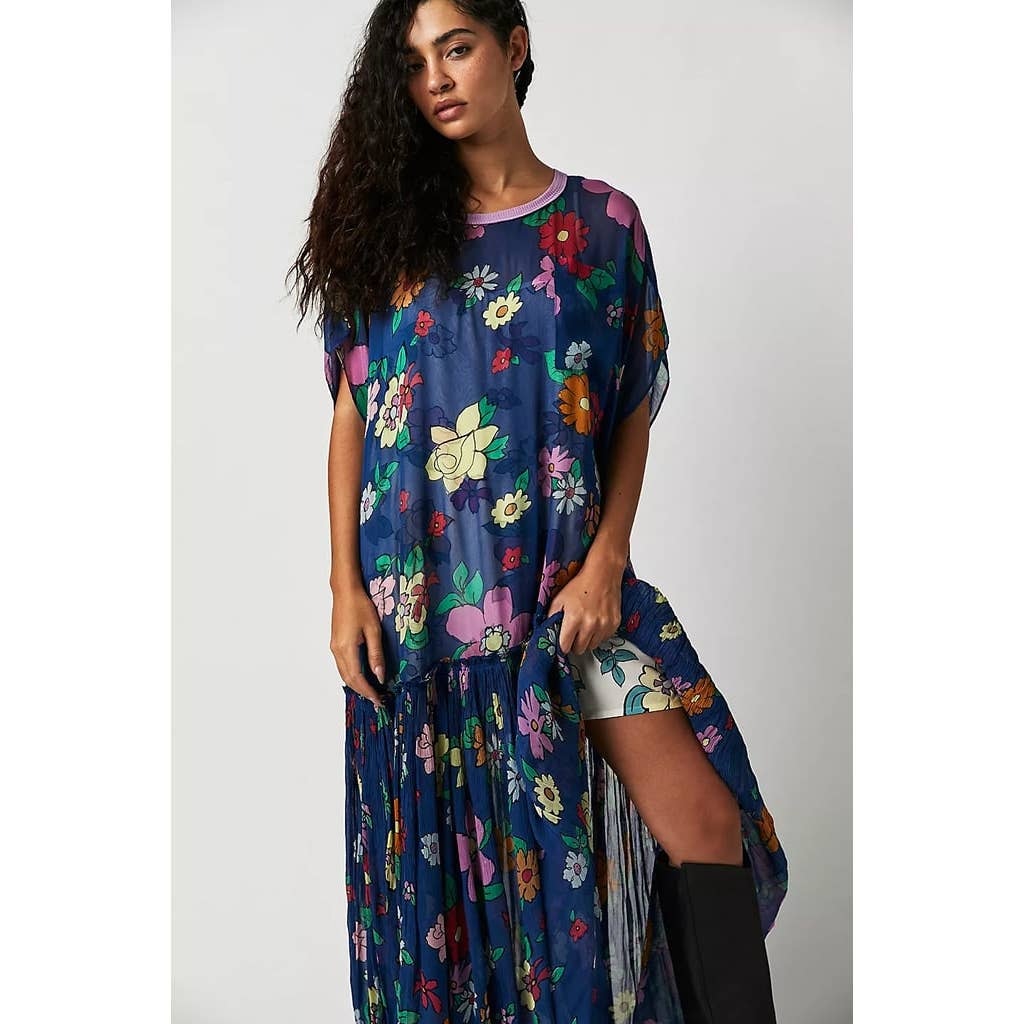 New Free People Mina Retro Floral Maxi Dress Chiffon $298 X-SMALL Blue Mini Slip