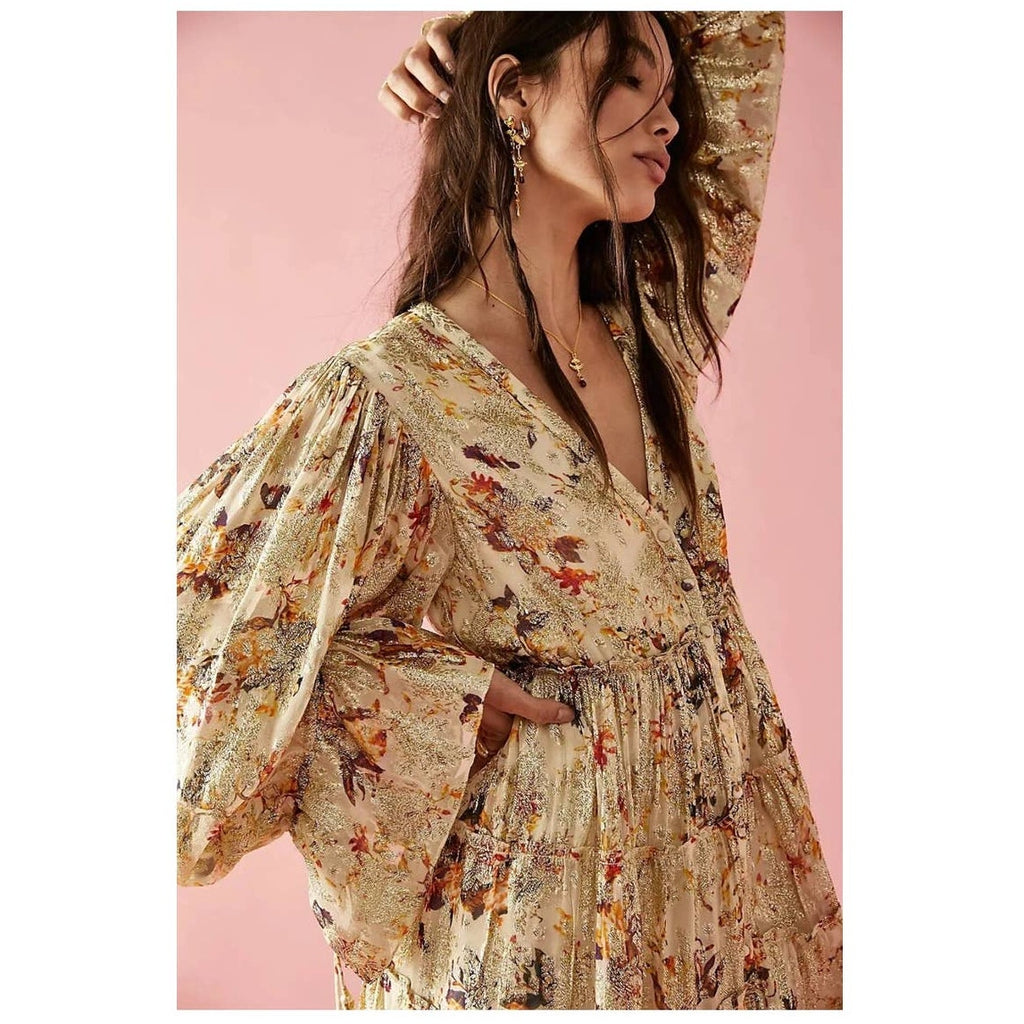 New Free People Rococco Sands Cara Mini Dress $383 SMALL Ivory Tiered Metallic