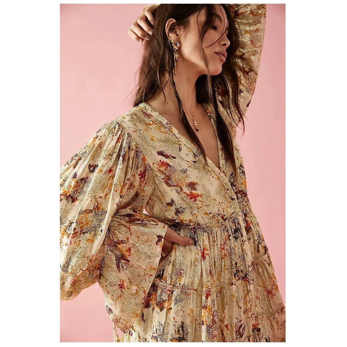 New Free People Rococco Sands Cara Mini Dress $383 SMALL Ivory Tiered Metallic