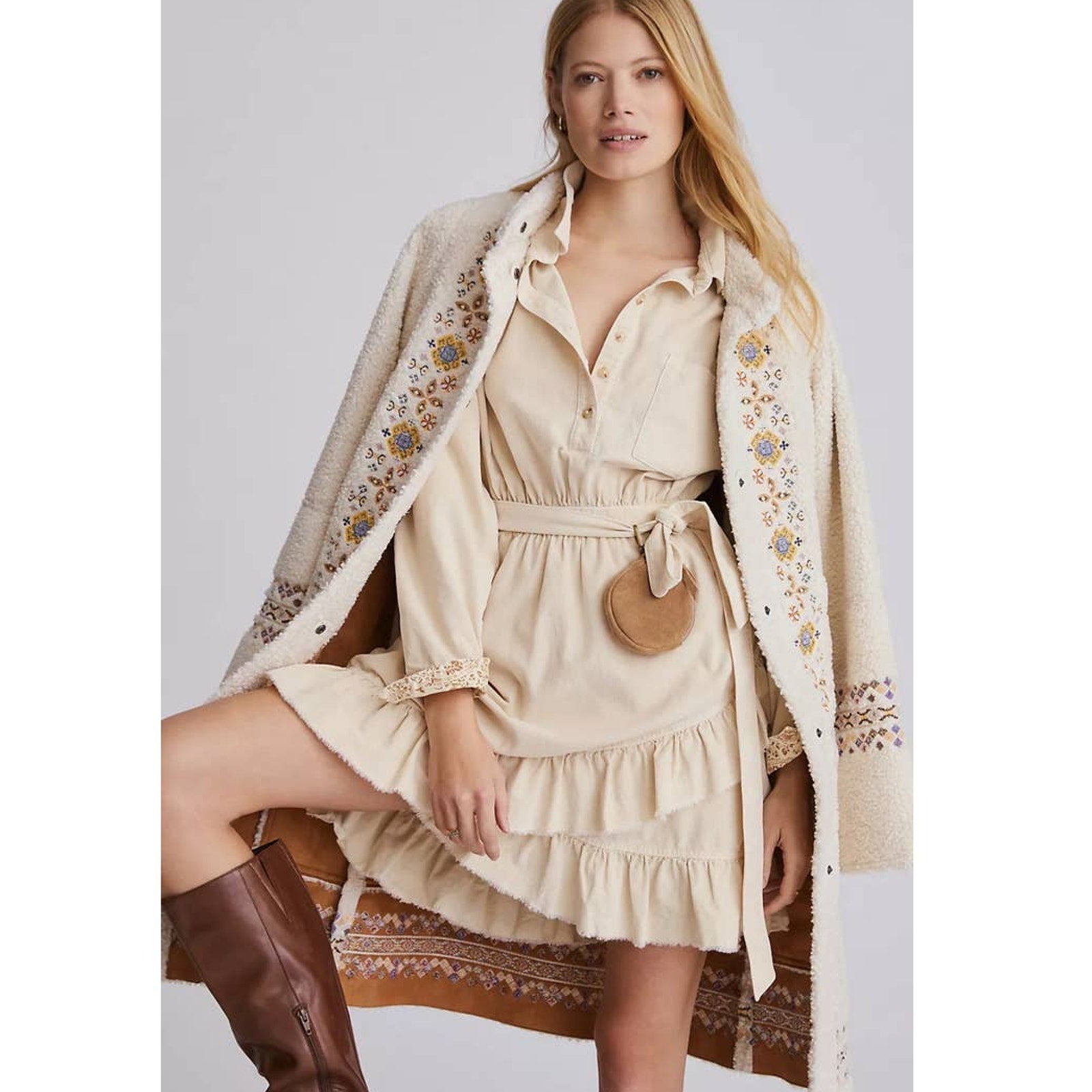 New Anthropologie Pilcro Corduroy Mini Dress $160 IVORY LARGE