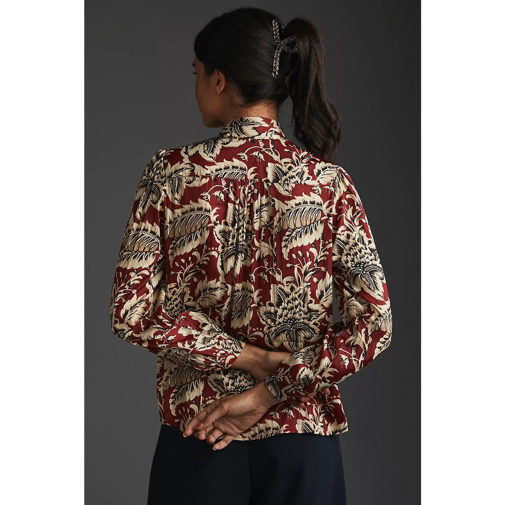 New By Anthropologie Tie-Neck Blouse $128 SMALL Brown Floral Motif Button Front