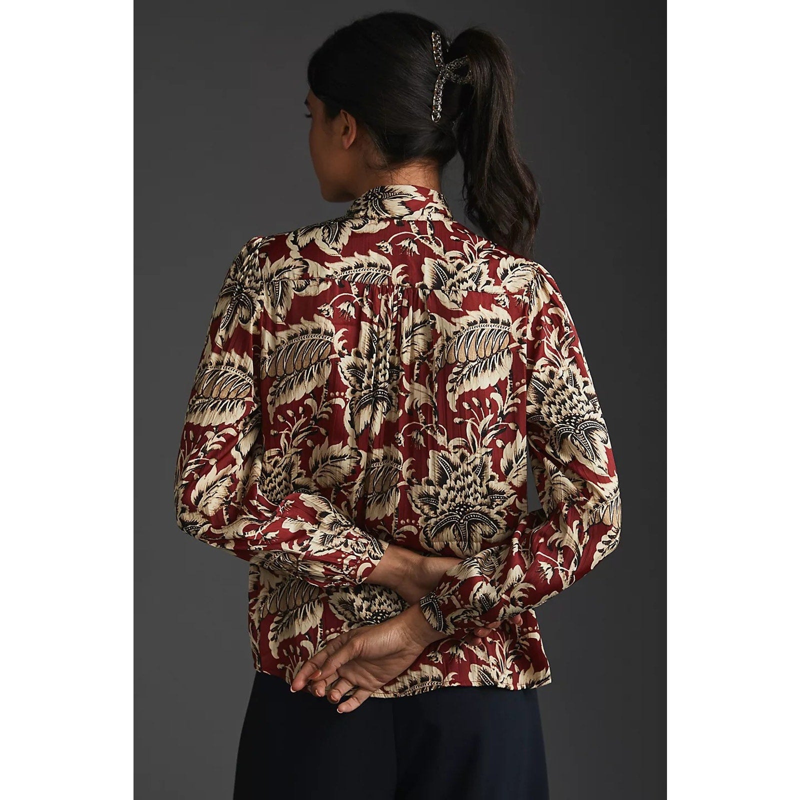 New By Anthropologie Tie-Neck Blouse $128 SMALL Brown Floral Motif Button Front