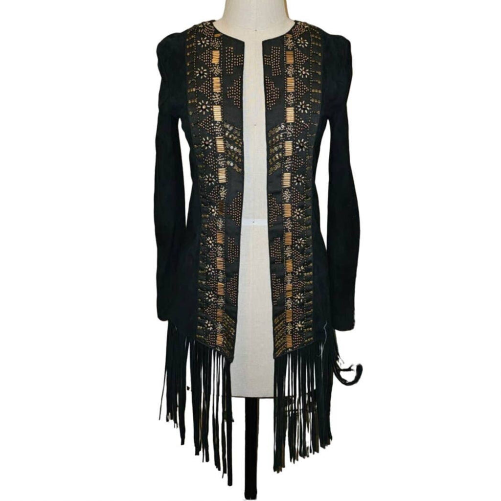 New Free People CLEOBELLA Taylor Jacket $739 Black FRINGED Embellished SUEDE
