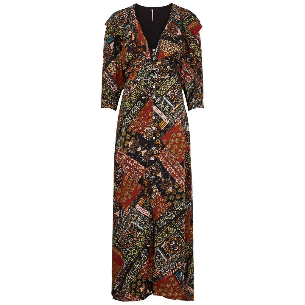 New Free People Lennon Maxi Dress  $168 X-SMALL Black Combo Vintage Insp Print