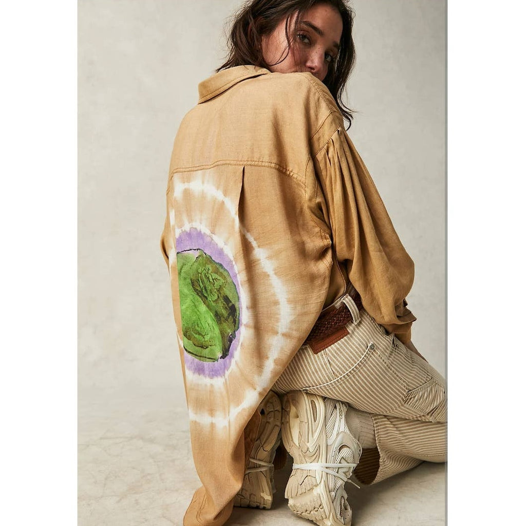 New Free People WTF Yin Yang Tie Dye Graphic Buttondown $198 SMALL Boho