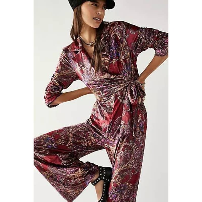 New Free People Delphine Velvet Paisley Floral Jumpsuit $178 MEDIUM Wine