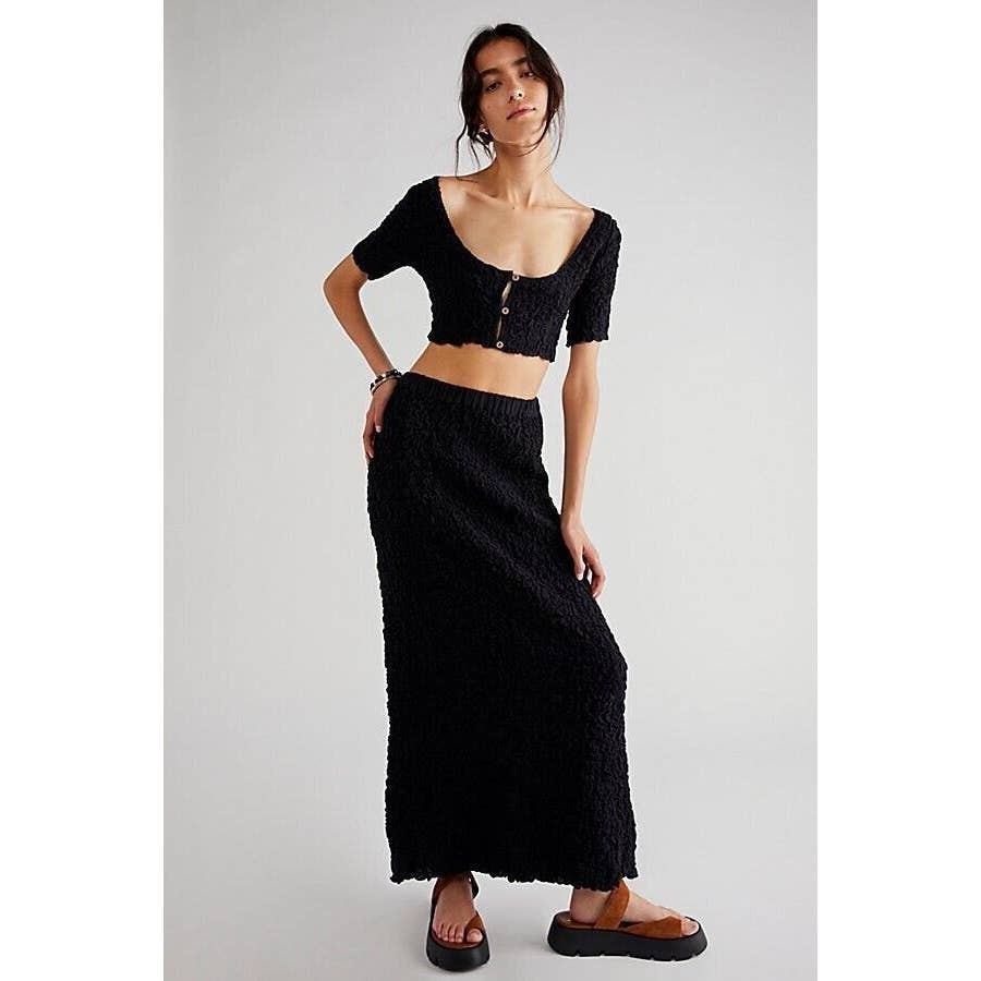 New Free People Double The Fun Maxi Skirt Button Cardi Set $128 X-SMALL Black
