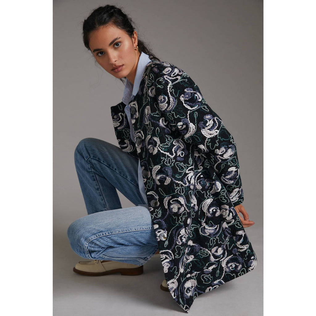 New Anthropologie Floral Embroidered Coat by Hutch $260 X-SMALL Blue
