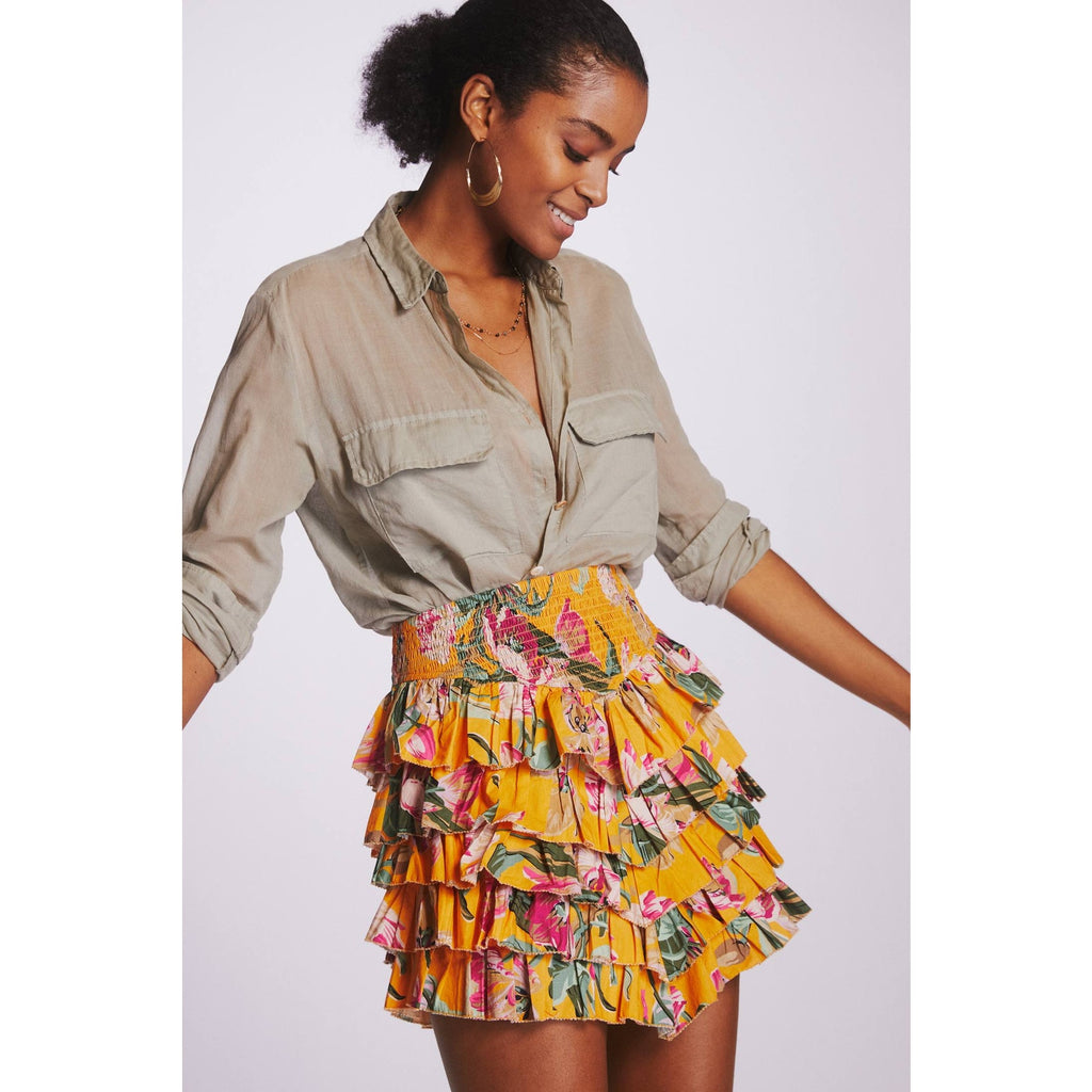 New Anthropologie LOVE THE LABEL Tiered Floral Mini Skirt $110  MEDIUM Yellow